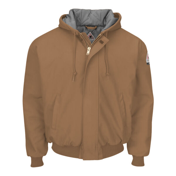 Men's Insulated Brown Duck Hooded Jacket with Knit Trim Thumbnail